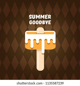 vector goodbye summer vector concept illustration with melt pink ice cream with stick on brown background. End of summer background