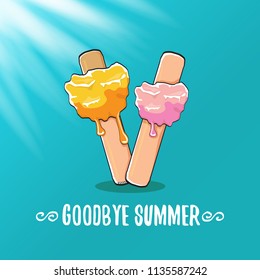 vector goodbye summer vector concept illustration with melt pink ice cream with stick on azure background. End of summer background
