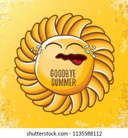 vector goodbye summer vector concept illustration with crying summer sun character on orange background. End of summer background