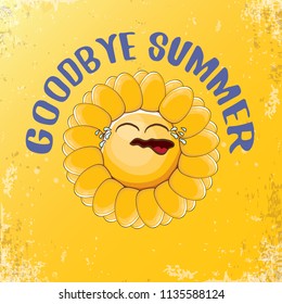 vector goodbye summer vector concept illustration with crying summer sun character on orange background. End of summer background