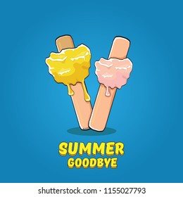 vector goodbye summer vector concept illustration with melt ice cream on blue sky background. End of summer background