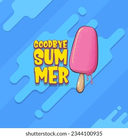 vector goodbye summer vector concept illustration with cartoon funny hand drawn pink ice cream isolated on blue. End of summer funky doodle label or background