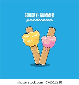 vector goodbye summer vector concept illustration with melt orange and pink ice cream on blue background. End of summer background