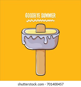 Vector Goodbye Summer Vector Concept Illustration With Melt Blue Ice Cream With Stick On Orange Background. End Of Summer Background