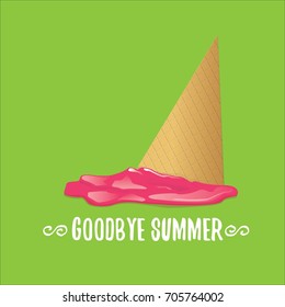vector goodbye summer vector concept illustration with melt pink cone ice cream on green background. End of summer background
