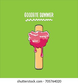 vector goodbye summer vector concept illustration with melt pink ice cream with stick on green background. End of summer background