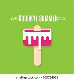 vector goodbye summer vector concept illustration with melt pink ice cream with stick on green background. End of summer background