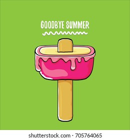 vector goodbye summer vector concept illustration with melt pink ice cream with stick on green background. End of summer background