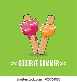 vector goodbye summer vector concept illustration with melt pink ice cream with stick on green background. End of summer background