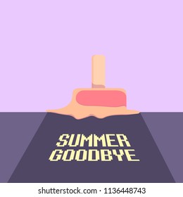 vector goodbye summer vector vintage concept illustration with melt ice cream on ultraviolet sky background. End of summer background