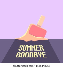 vector goodbye summer vector vintage concept illustration with melt ice cream on ultraviolet sky background. End of summer background