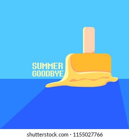 vector goodbye summer vector vintage concept illustration with melt ice cream on blue sky background. End of summer background