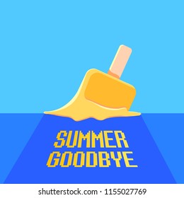 vector goodbye summer vector vintage concept illustration with melt ice cream on blue sky background. End of summer background