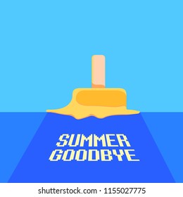 vector goodbye summer vector vintage concept illustration with melt ice cream on blue sky background. End of summer background