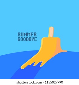 vector goodbye summer vector vintage concept illustration with melt ice cream on blue sky background. End of summer background