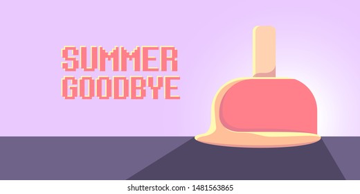 vector goodbye summer vintage concept horizontal illustration with melt ice cream on ultraviolet sky background. End of summer horizontal background or banner