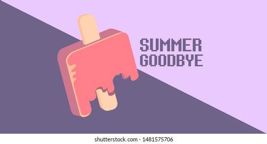 vector goodbye summer vintage concept horizontal illustration with melt ice cream flying on ultraviolet sky background. End of summer horizontal background or banner