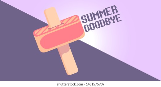 vector goodbye summer vintage concept horizontal illustration with melt ice cream flying on ultraviolet sky background. End of summer horizontal background or banner