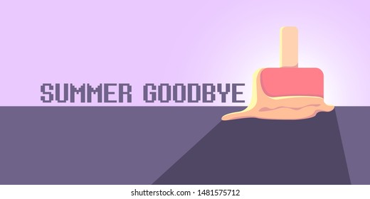 vector goodbye summer vintage concept horizontal illustration with melt ice cream laying on the road and ultraviolet sky background. End of summer horizontal background or banner