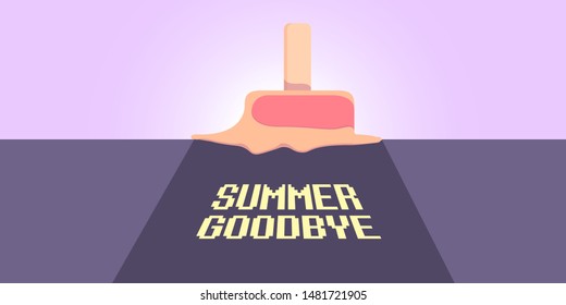 vector goodbye summer vintage concept horizontal illustration with melt ice cream laying on the road and ultraviolet sky background. End of summer horizontal background or banner