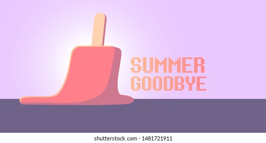 vector goodbye summer vintage concept horizontal illustration with melt ice cream laying on the road and ultraviolet sky background. End of summer horizontal background or banner