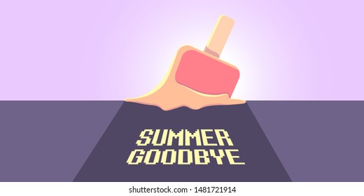 vector goodbye summer vintage concept horizontal illustration with melt ice cream laying on the road and ultraviolet sky background. End of summer horizontal background or banner