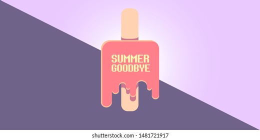 vector goodbye summer vintage concept horizontal illustration with melt ice cream flying on ultraviolet sky background. End of summer horizontal background or banner