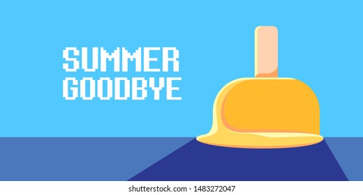 vector goodbye summer vintage concept horizontal illustration with melt ice cream laying on the road and ultraviolet sky background. End of summer horizontal background or banner