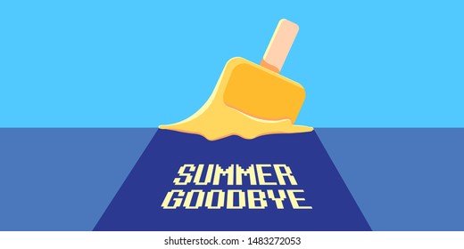 vector goodbye summer vintage concept horizontal illustration with melt ice cream laying on the road and ultraviolet sky background. End of summer horizontal background or banner