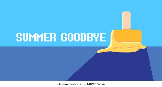 vector goodbye summer vintage concept horizontal illustration with melt ice cream laying on the road and ultraviolet sky background. End of summer horizontal background or banner