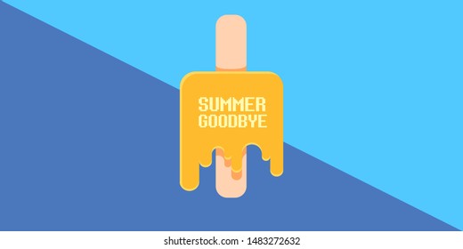 vector goodbye summer vintage concept horizontal illustration with melt ice cream flying in blue sky background. End of summer horizontal background or banner