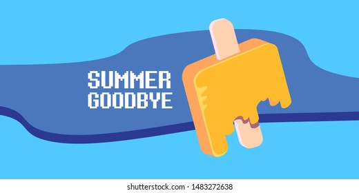 vector goodbye summer vintage concept horizontal illustration with melt ice cream flying in blue sky background. End of summer horizontal background or banner