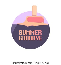 vector goodbye summer vintage concept  illustration with flat melt ice cream isolated on violet sky background. End of summer background or banner