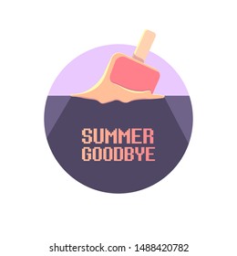 vector goodbye summer vintage concept  illustration with flat melt ice cream isolated on violet sky background. End of summer background or banner