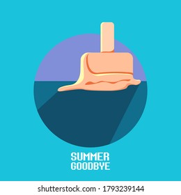 vector goodbye summer vintage concept illustration with flat orange melt ice cream isolated on color background. End of summer background or banner