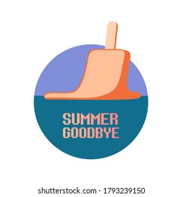 vector goodbye summer vintage concept illustration with flat orange melt ice cream isolated on color background. End of summer background or banner