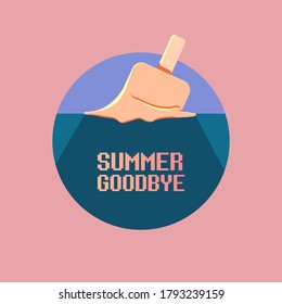 vector goodbye summer vintage concept illustration with flat orange melt ice cream isolated on color background. End of summer background or banner