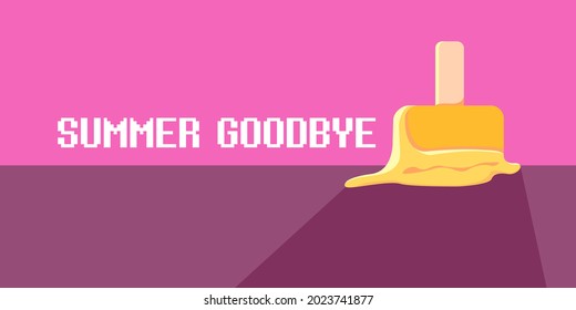 vector goodbye summer vintage concept horizontal illustration with orange melt ice creamon on pink background. End of summer horizontal background or banner