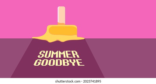 vector goodbye summer vintage concept horizontal illustration with orange melt ice creamon on pink background. End of summer horizontal background or banner