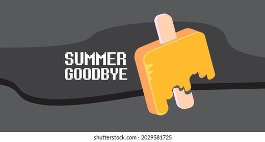 vector goodbye summer vintage concept horizontal illustration with orange melt ice cream on on grey background. End of summer horizontal background or banner