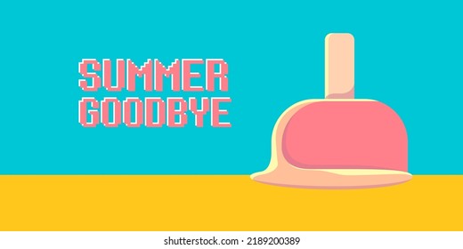 vector goodbye summer vintage concept horizontal illustration with melt ice cream laying on the road and blue sky background. End of summer horizontal background or banner