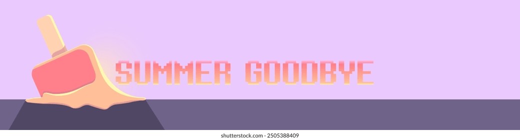 vector goodbye summer vintage concept horizontal illustration with melt ice cream on ultraviolet sky background. End of summer horizontal wide banner and background