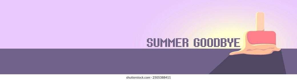vector goodbye summer vintage concept horizontal illustration with melt ice cream on ultraviolet sky background. End of summer horizontal wide banner and background