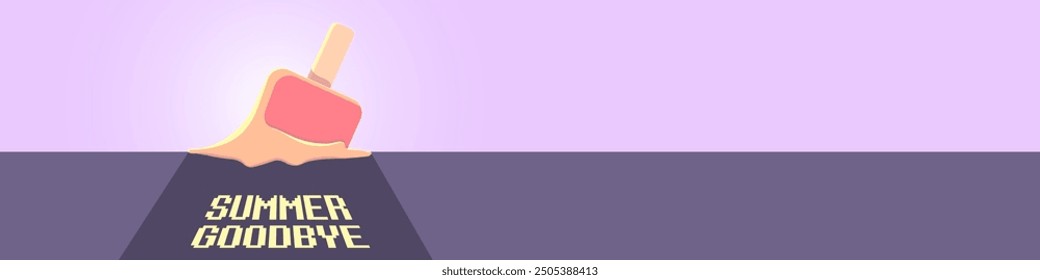 vector goodbye summer vintage concept horizontal illustration with melt ice cream on ultraviolet sky background. End of summer horizontal wide banner and background