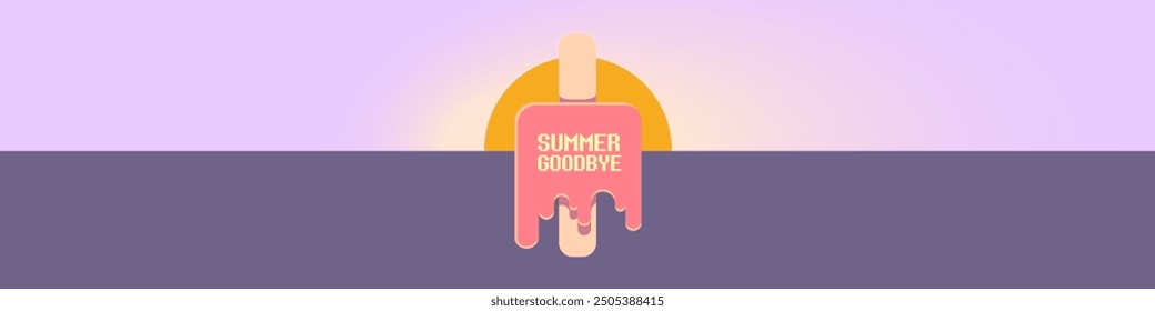 vector goodbye summer vintage concept horizontal illustration with melt ice cream on ultraviolet sky background. End of summer horizontal wide banner and background