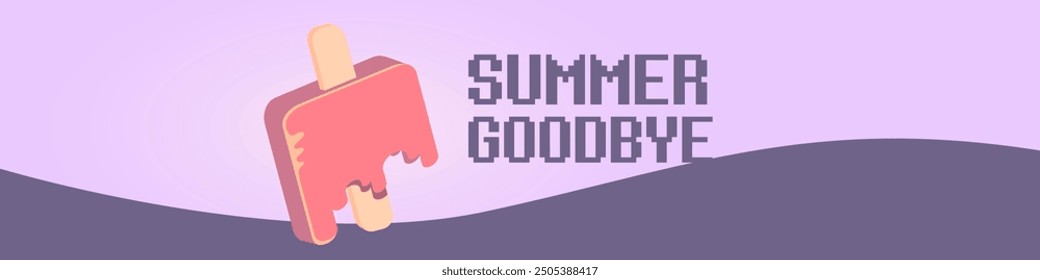 Vector adiós verano vintage concepto ilustración Horizontal con helado derretido sobre fondo ultravioleta del cielo. Final del verano Horizontal amplio Anuncio y fondo