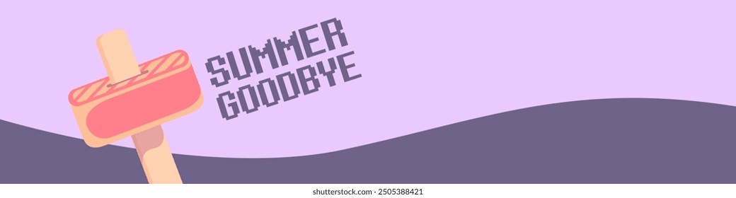 vector goodbye summer vintage concept horizontal illustration with melt ice cream on ultraviolet sky background. End of summer horizontal wide banner and background