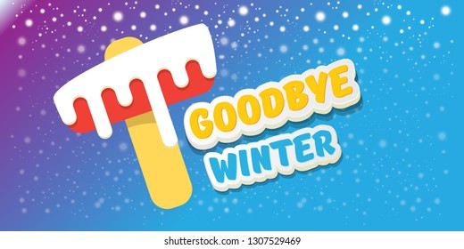 vector goodbye winter concept horizontal banner illustration with melt ice cream isolated on blue background with falling snowflakes and lights. End of winter season background, flyer or poster