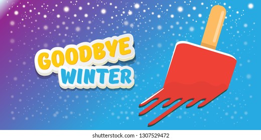 vector goodbye winter concept horizontal banner illustration with melt ice cream isolated on blue background with falling snowflakes and lights. End of winter season background, flyer or poster