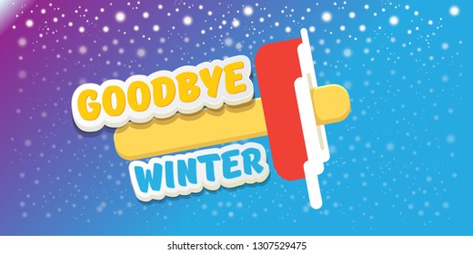vector goodbye winter concept horizontal banner illustration with melt ice cream isolated on blue background with falling snowflakes and lights. End of winter season background, flyer or poster